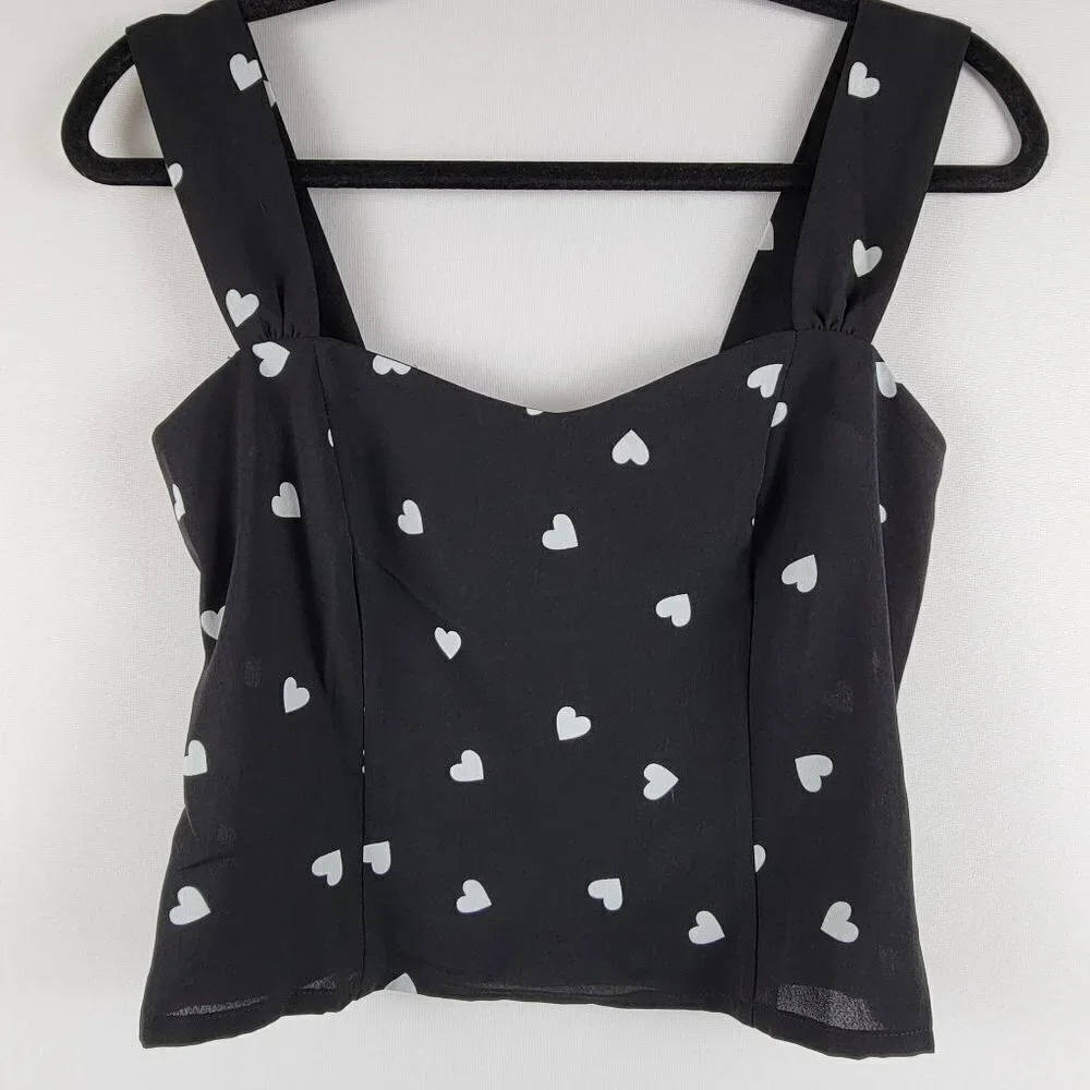 Rihoas Tank Top Black Heart Print Women's Size Small Side Zip Elastic Back Crop